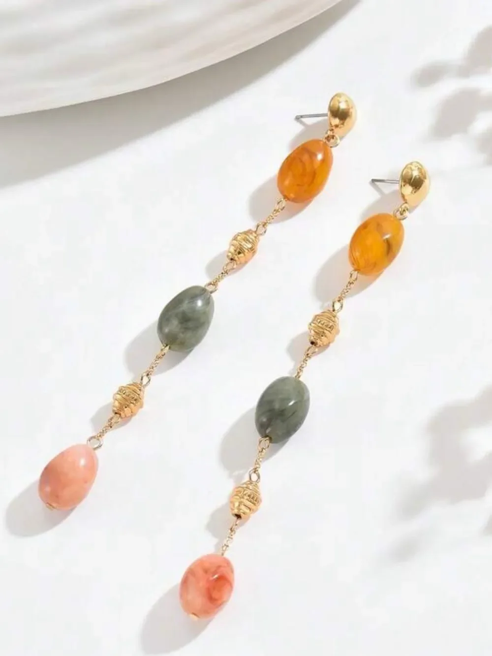 Gold Drop Earrings with Amber, Sage & Peach Beads N1487